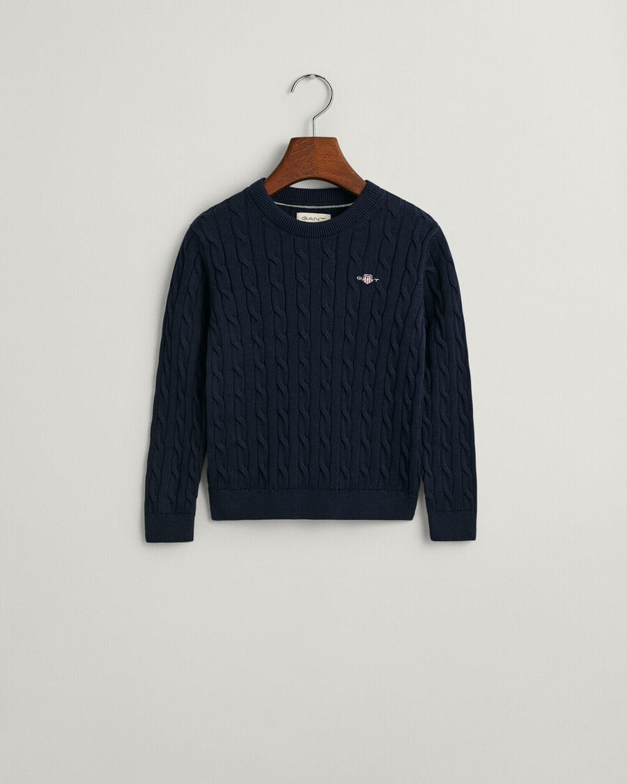 kids shield cotton cable knit crew neck sweater - evening blue