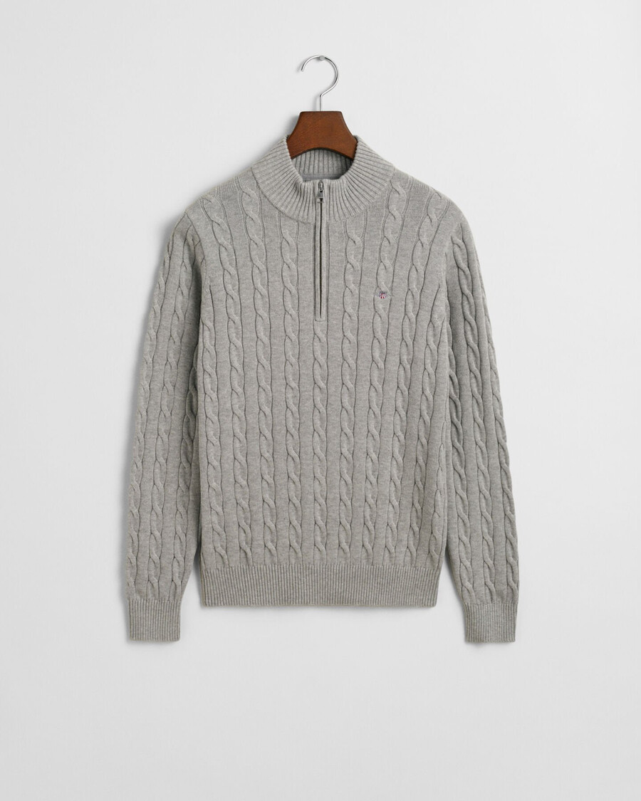 teens cotton cable knit halfzip sweater - grey melange
