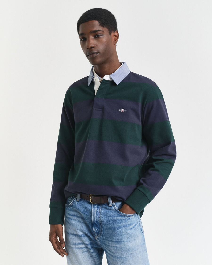 chambray collar striped heavy rugger - tartan green