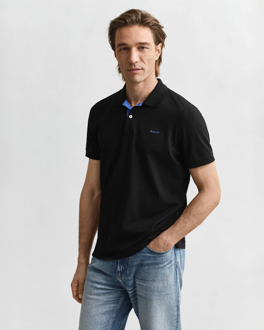 contrast piqué polo shirt - black