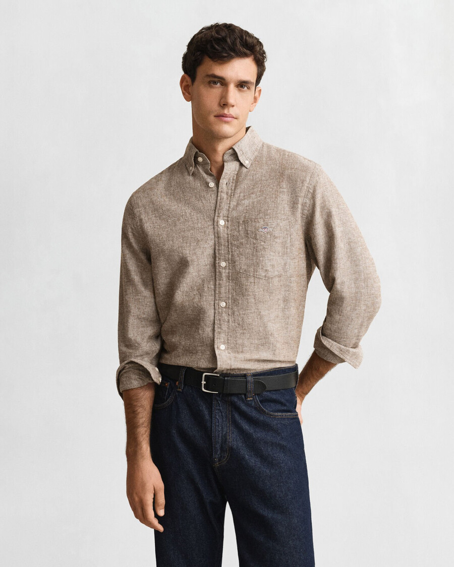 regular fit cotton linen shirt - mahogany brown