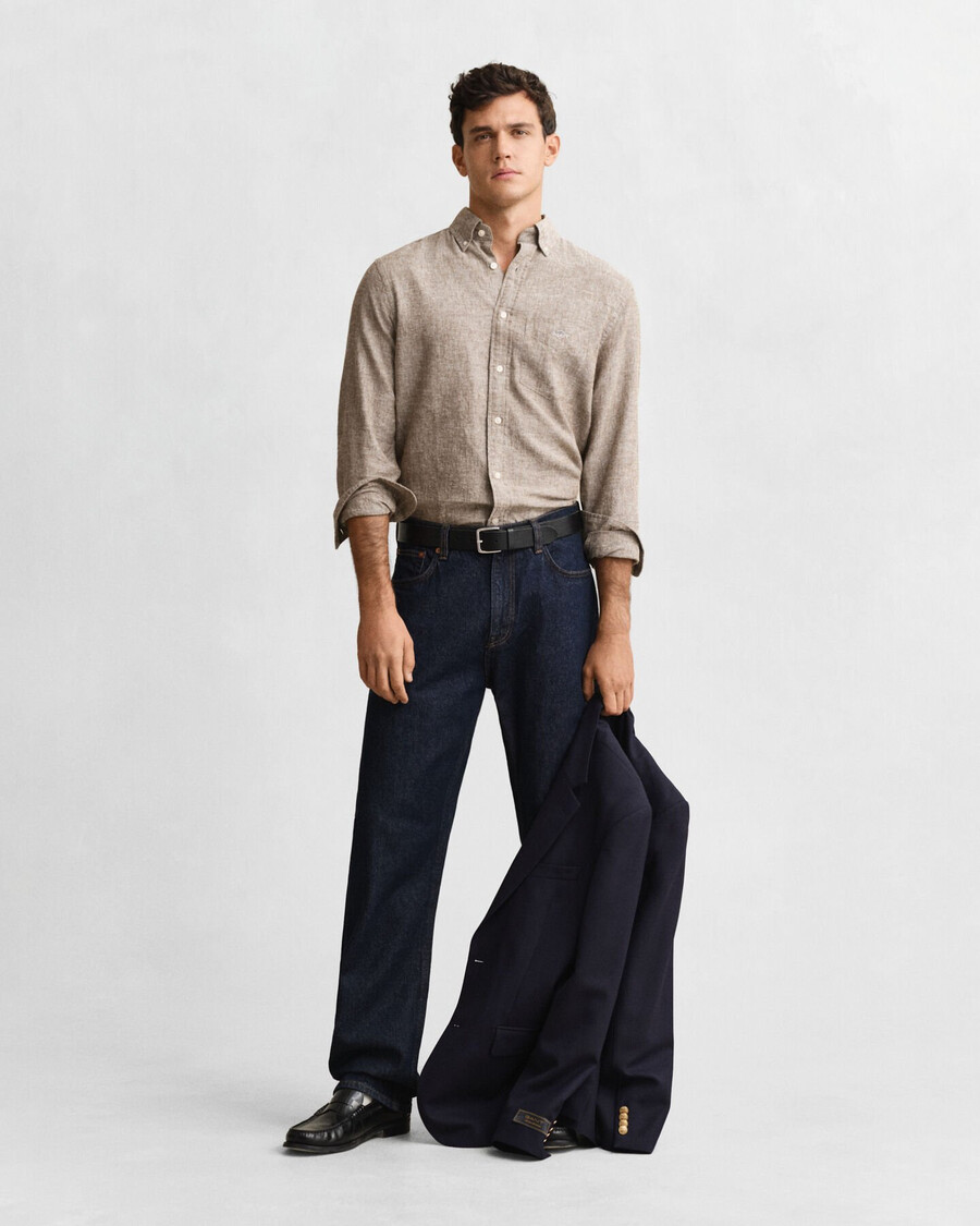 regular fit cotton linen shirt - mahogany brown