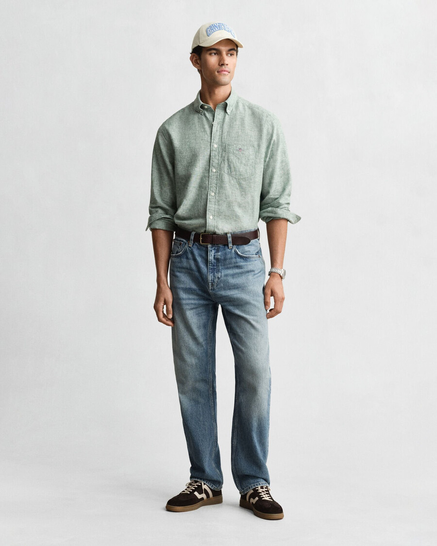 regular fit cotton linen shirt - woody green