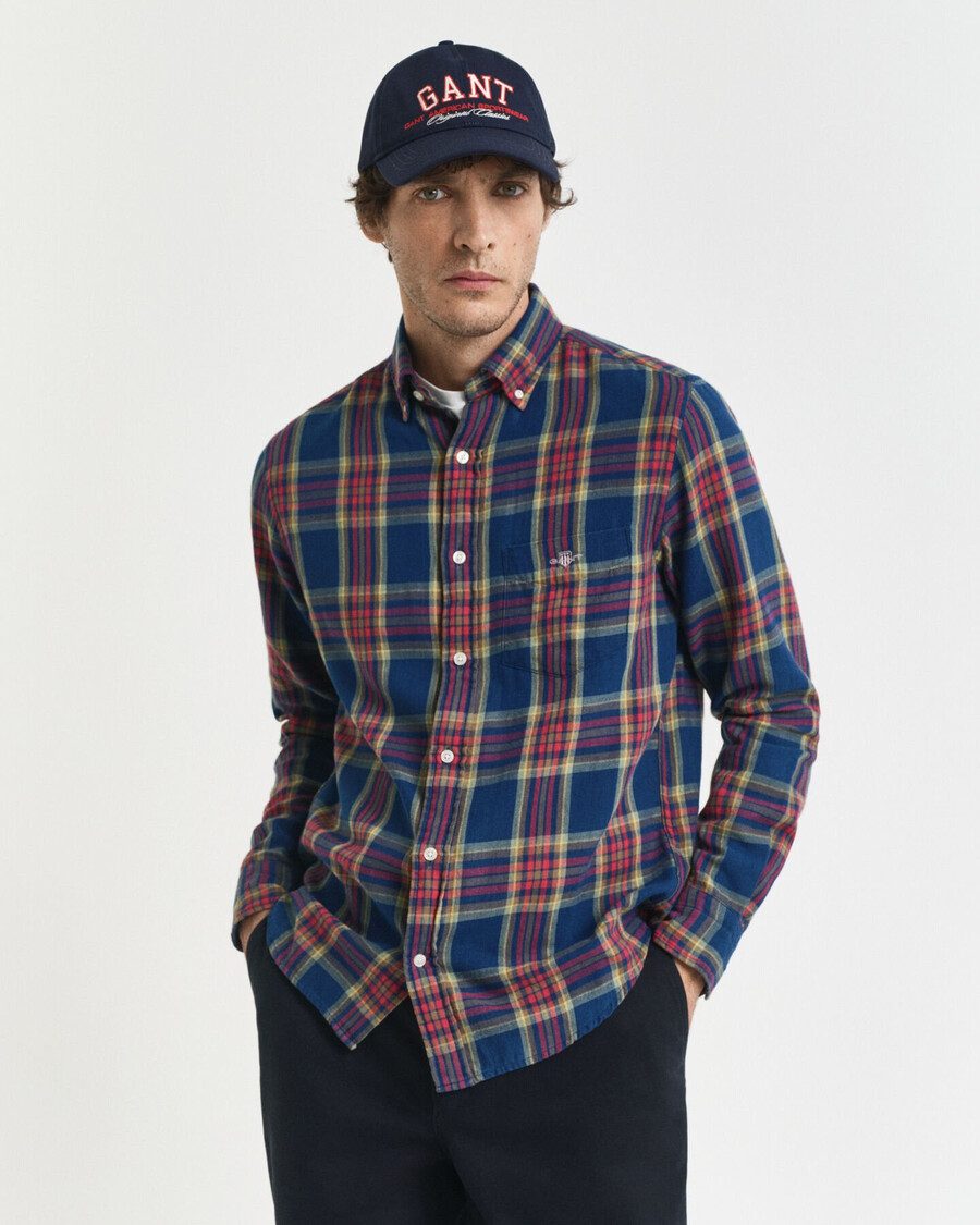 regular fit checked indigo twill shirt - indigo