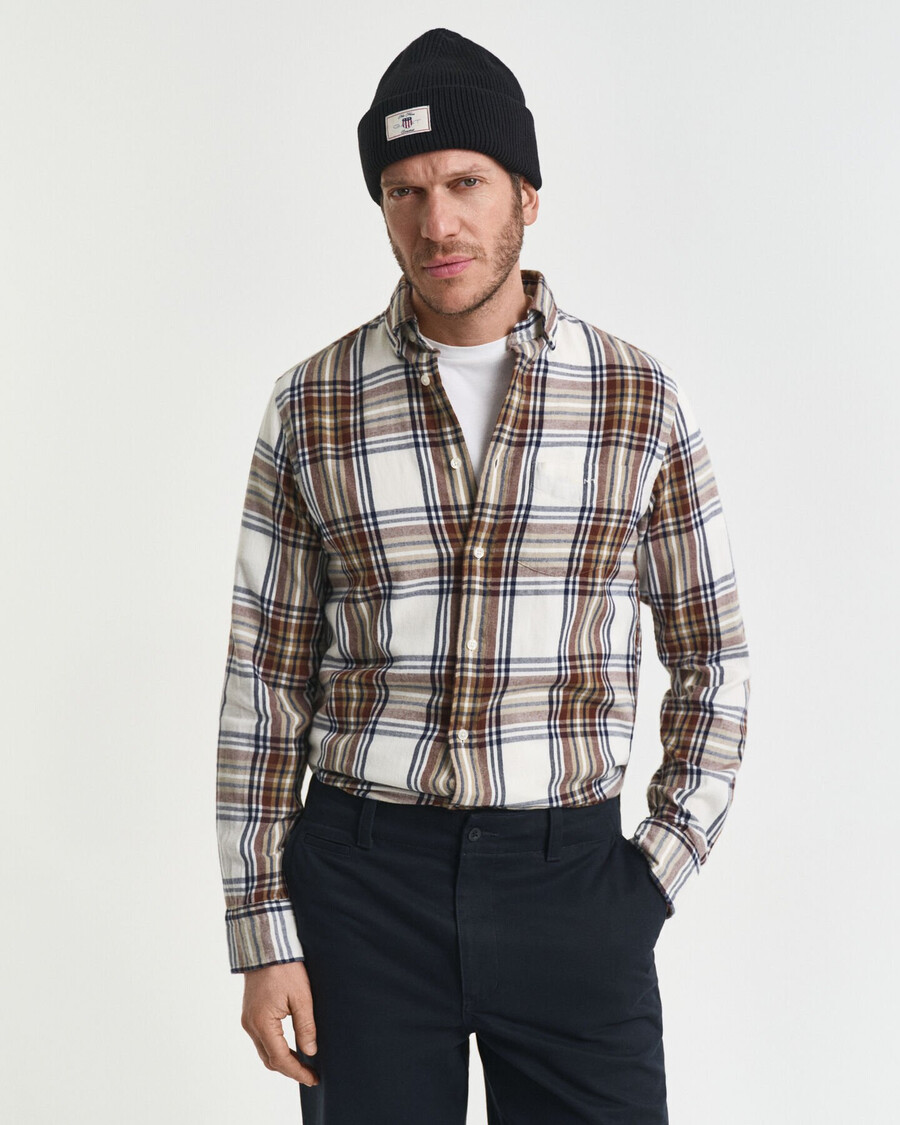 regular fit windblown flannel check shirt - cream