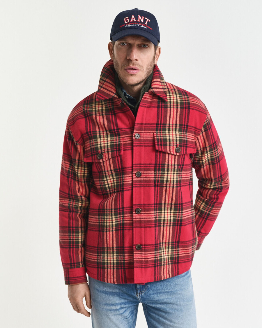 relaxed fit checked padded overshirt - cherry red