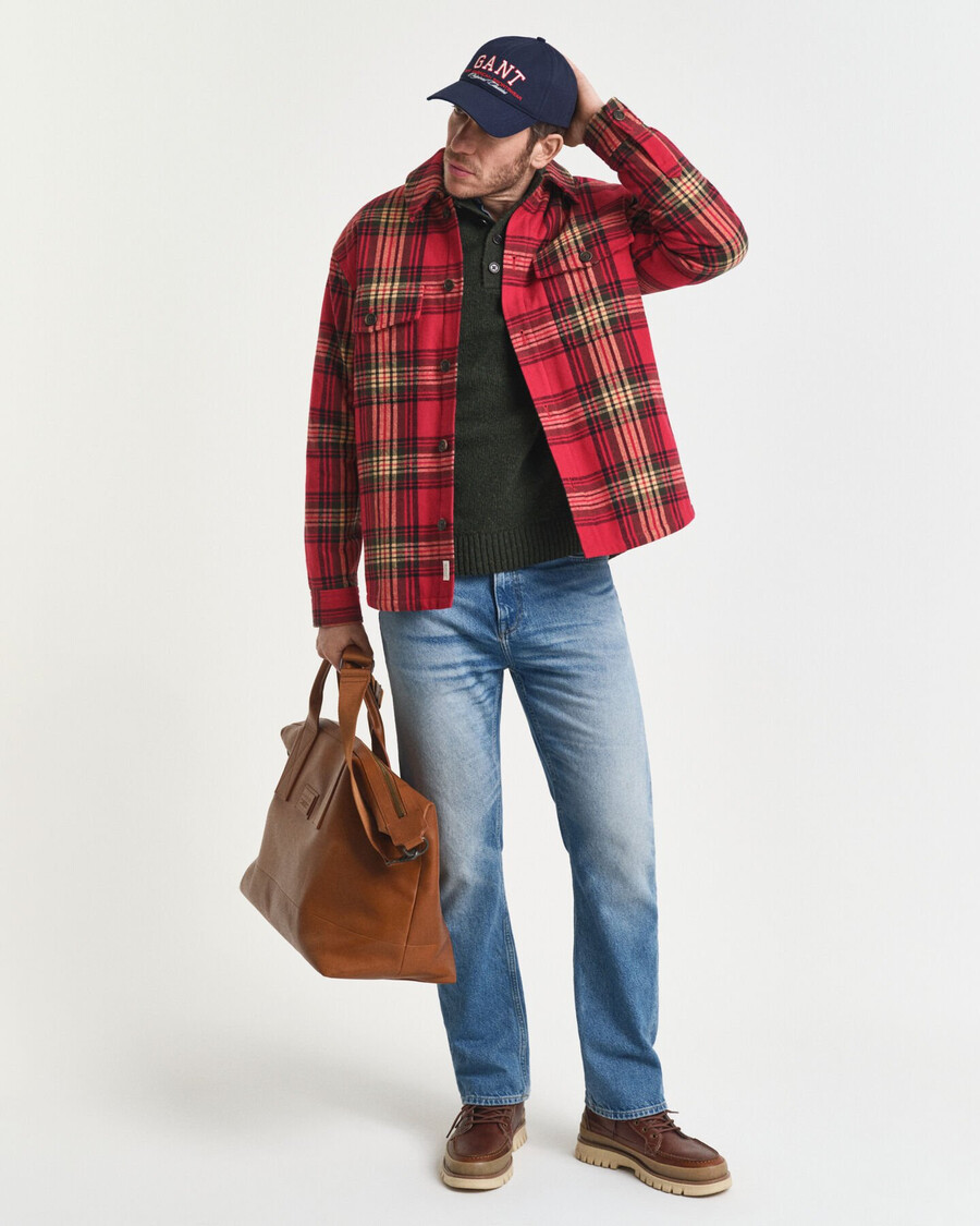 relaxed fit checked padded overshirt - cherry red
