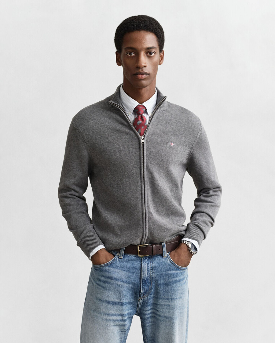 casual cotton zip cardigan - dark grey melange