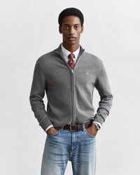 casual cotton zip cardigan - dark grey melange