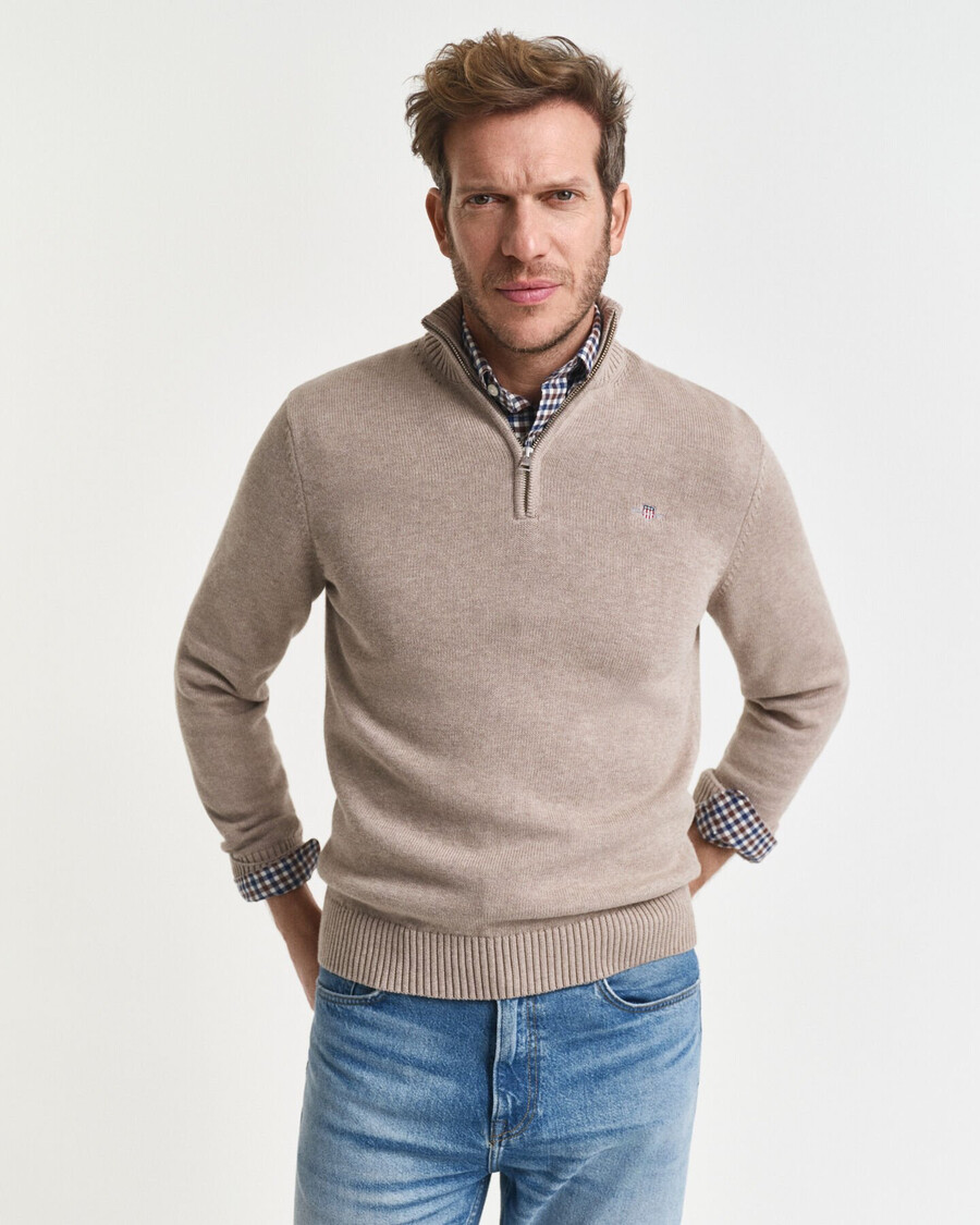 casual cotton halfzip sweater - dk sand melange