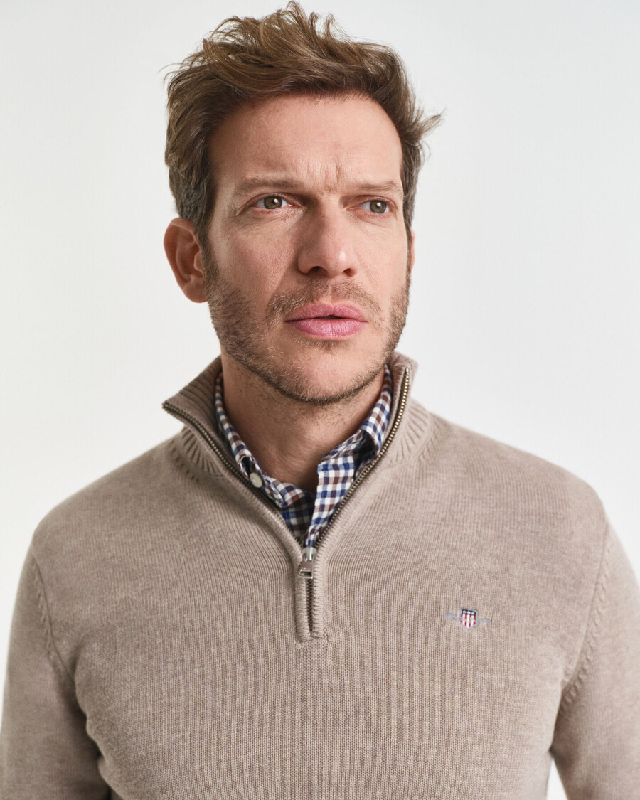 casual cotton halfzip sweater - dk sand melange