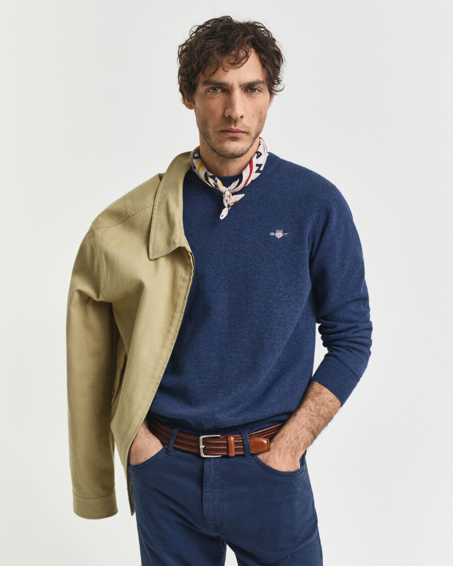classic cotton crew neck sweater - dk jeansblue melange
