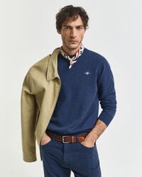 classic cotton crew neck sweater - dk jeansblue melange