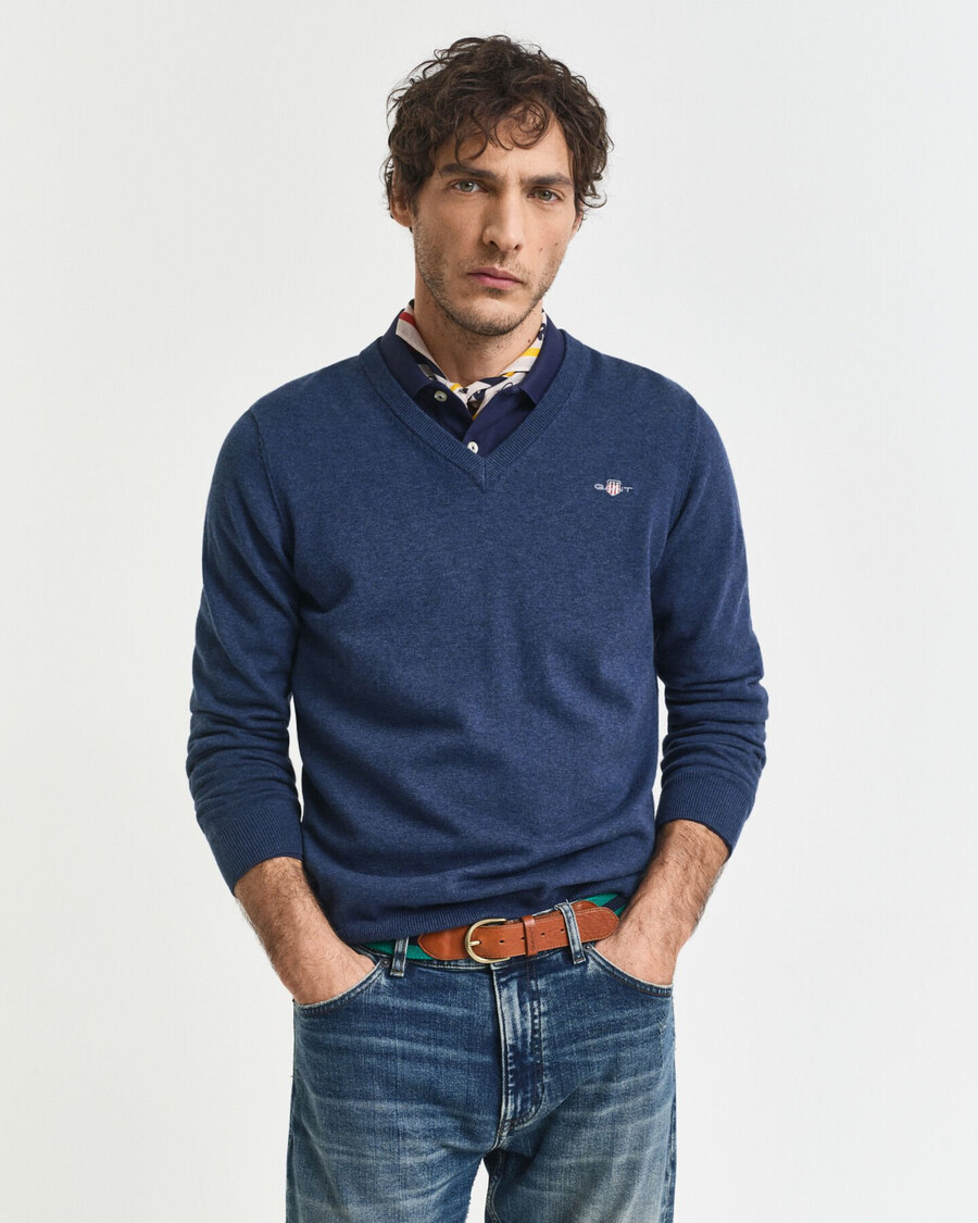 classic cotton vneck sweater - dk jeansblue melange