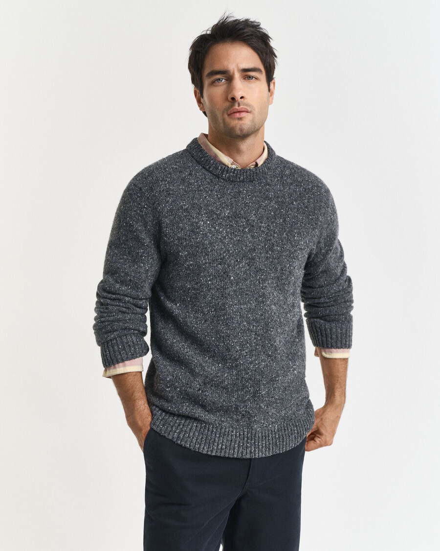 wool blend nepps crew neck sweater - charcoal melange