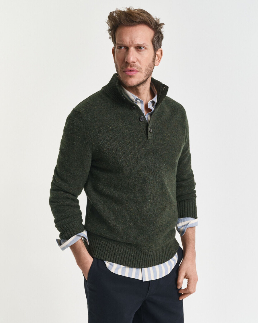 wool blend nepps halfbuttoned sweater - country green