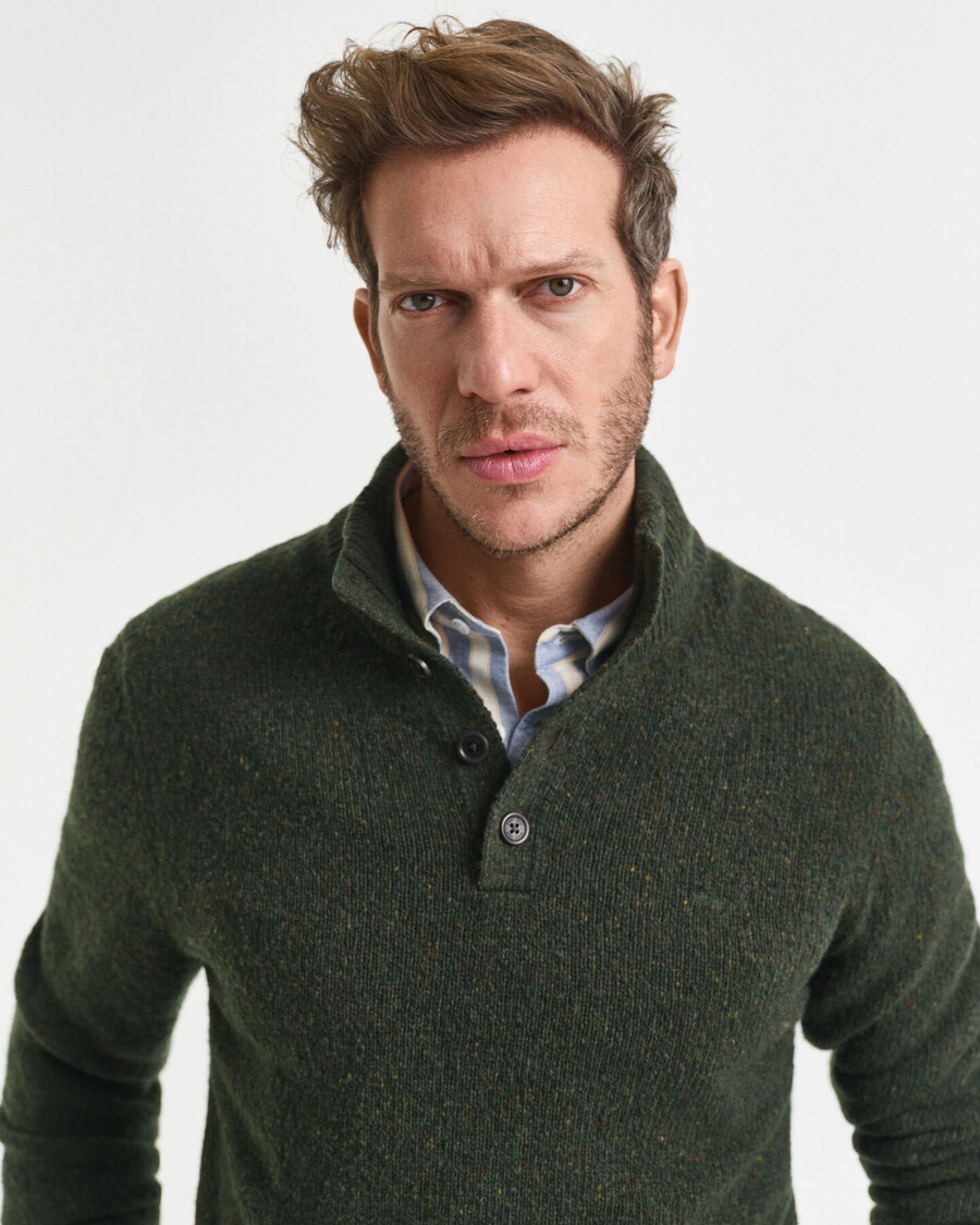 wool blend nepps halfbuttoned sweater - country green