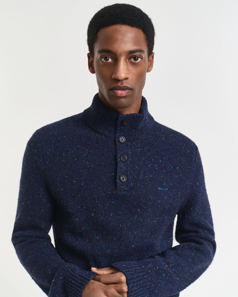 wool blend nepps halfbuttoned sweater - evening blue