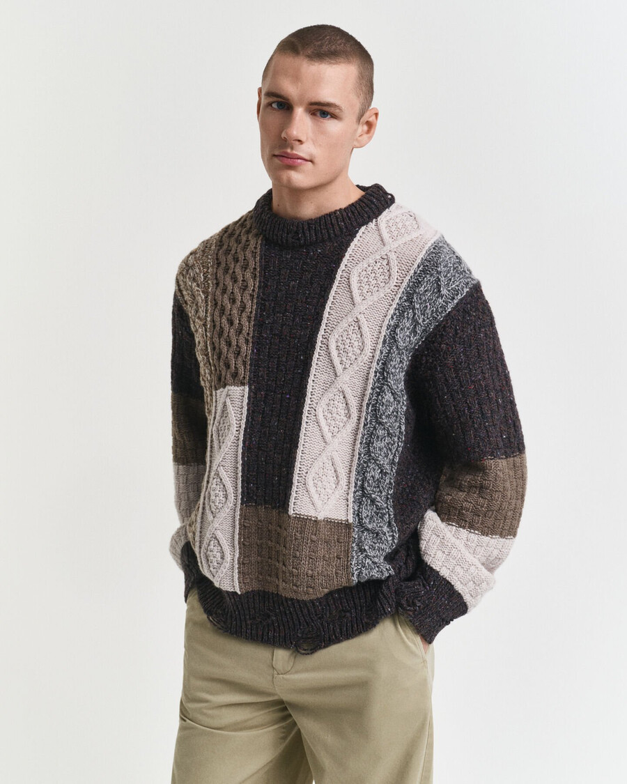 patchwork crew neck sweater - dark brown melange