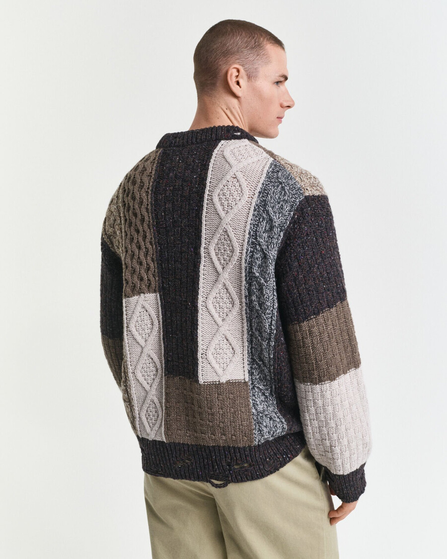 patchwork crew neck sweater - dark brown melange