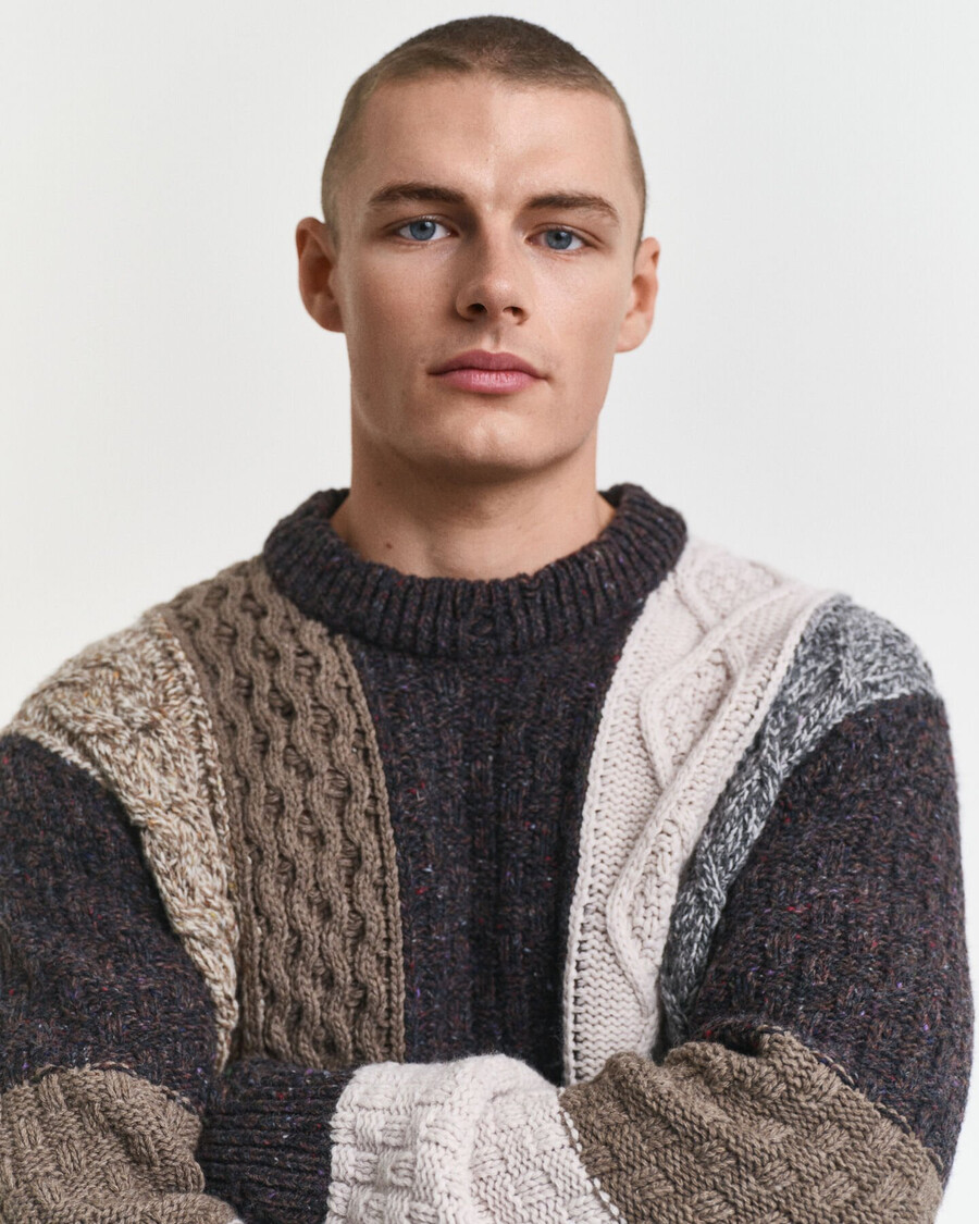 patchwork crew neck sweater - dark brown melange