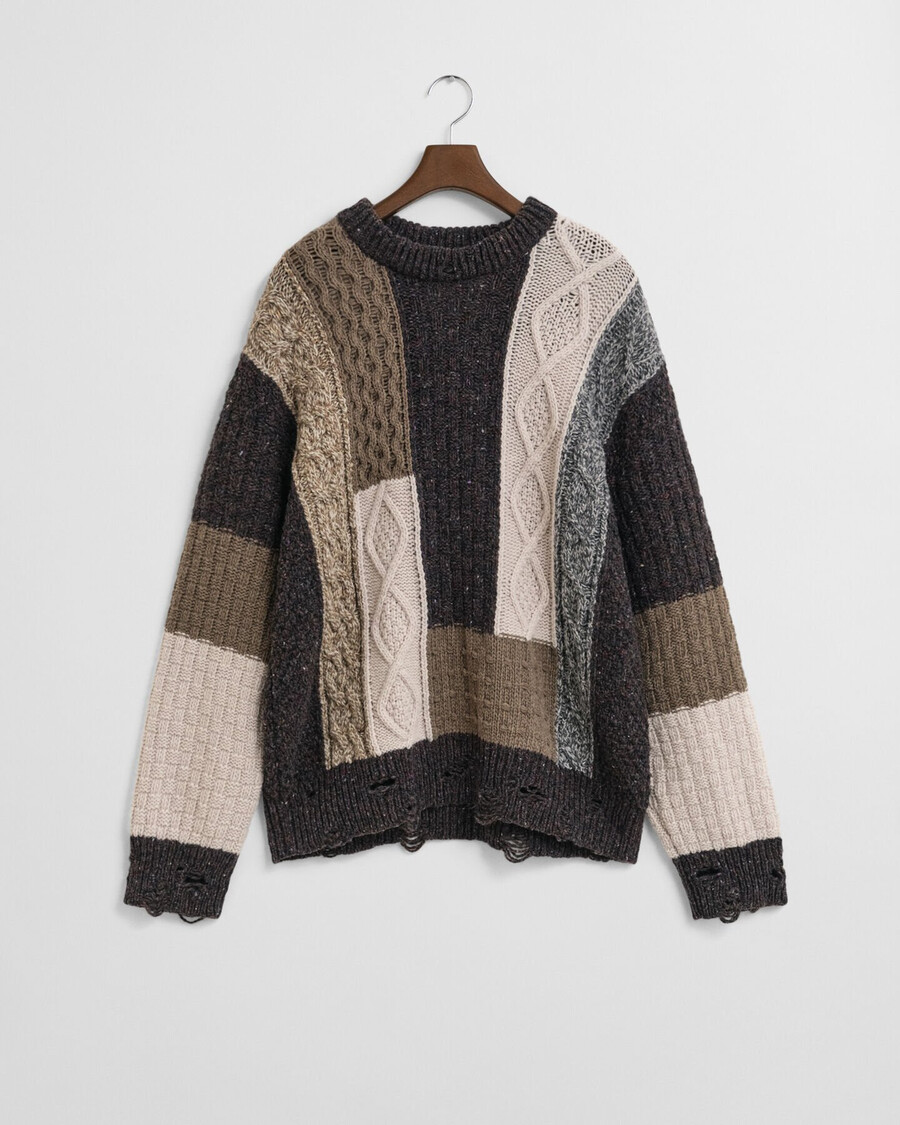 patchwork crew neck sweater - dark brown melange
