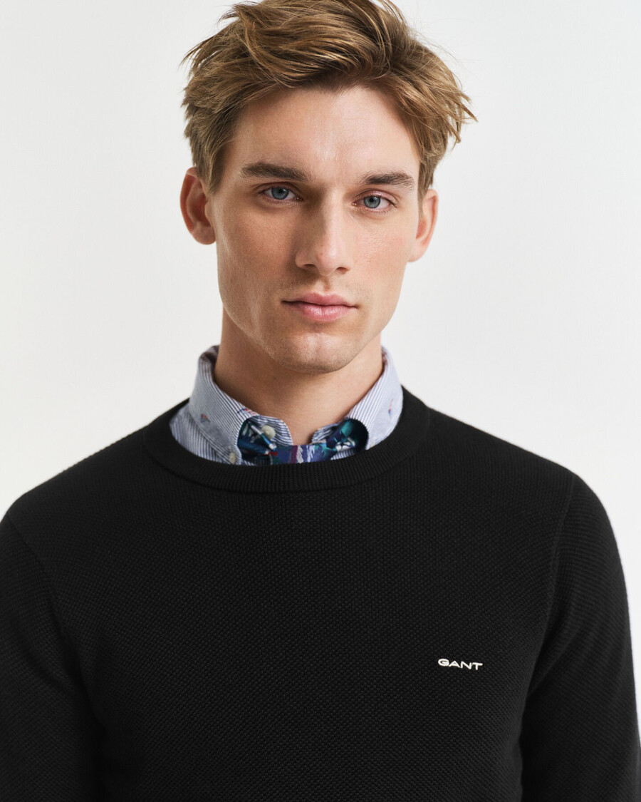 cotton piqué crew neck sweater - black