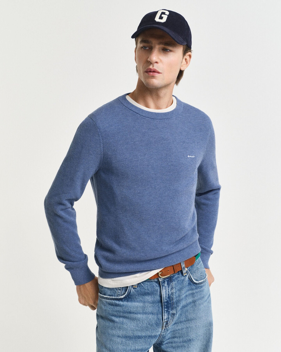 cotton piqué crew neck sweater - denim blue melange