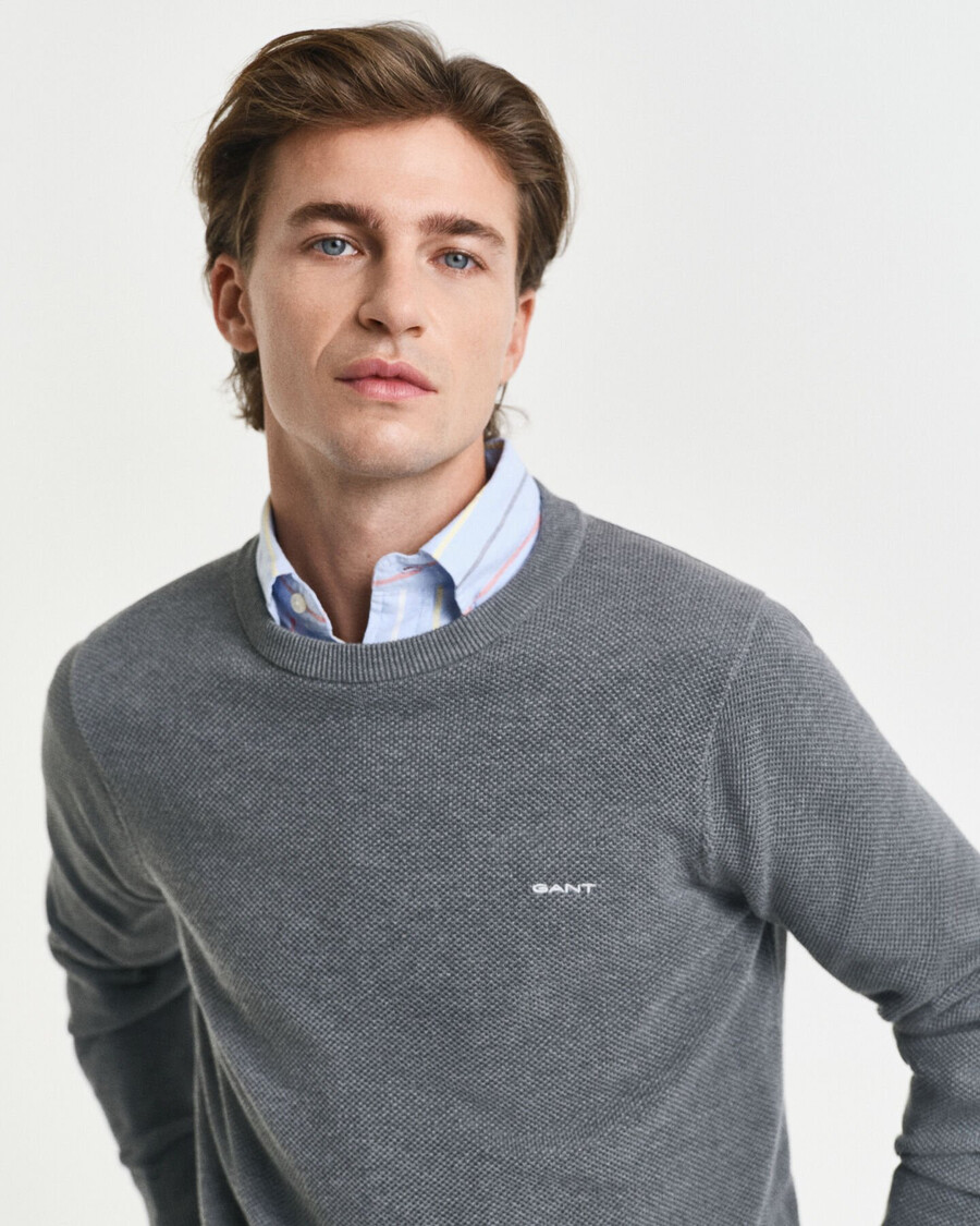 cotton piqué crew neck sweater - dark grey melange