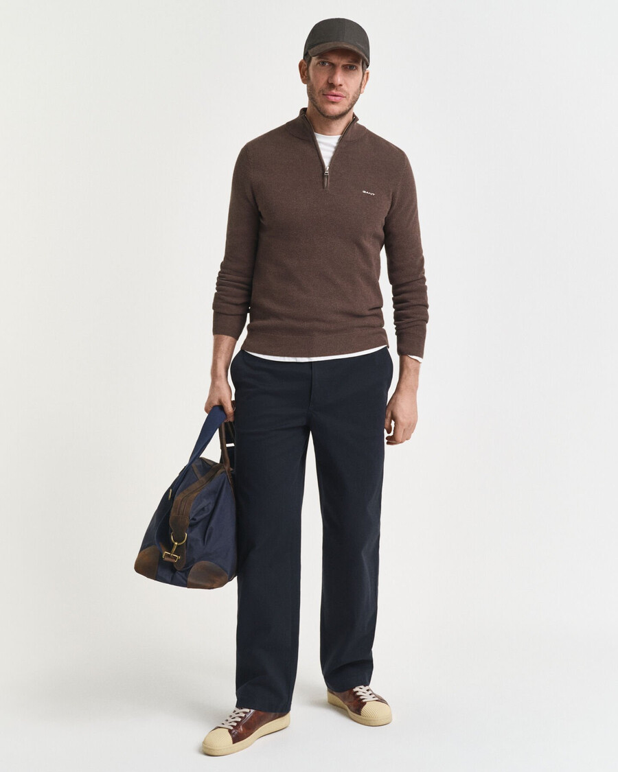 cotton piqué halfzip sweater - brown melange