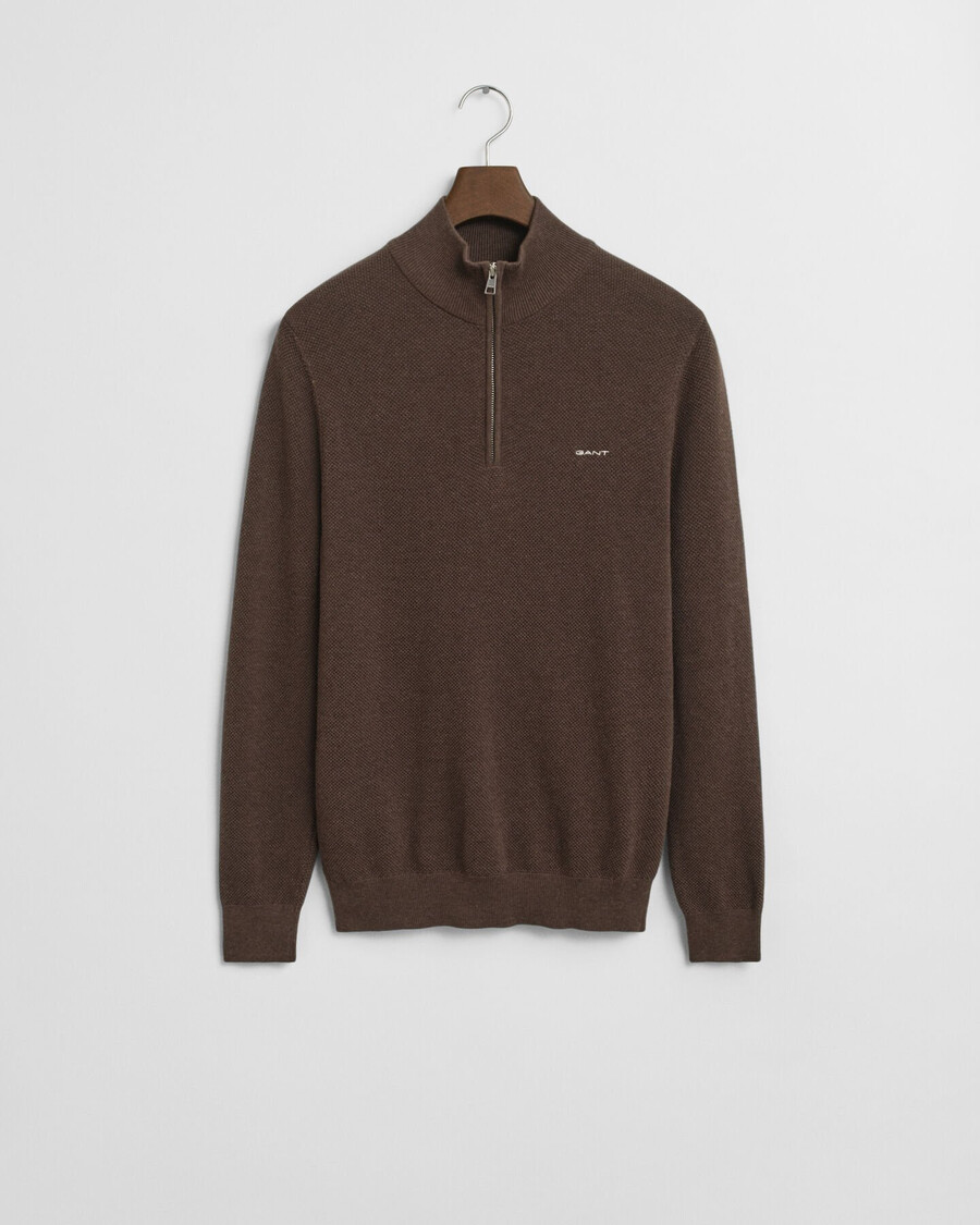 cotton piqué halfzip sweater - brown melange