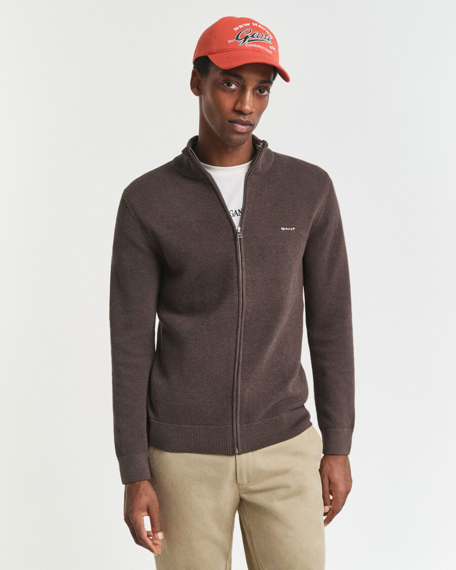cotton piqué zip cardigan - brown melange