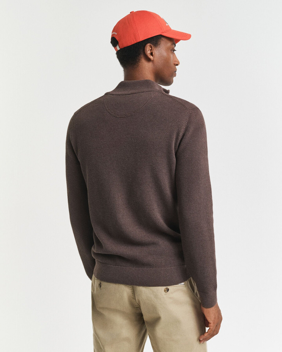 cotton piqué zip cardigan - brown melange