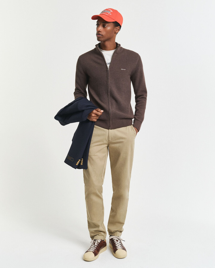 cotton piqué zip cardigan - brown melange