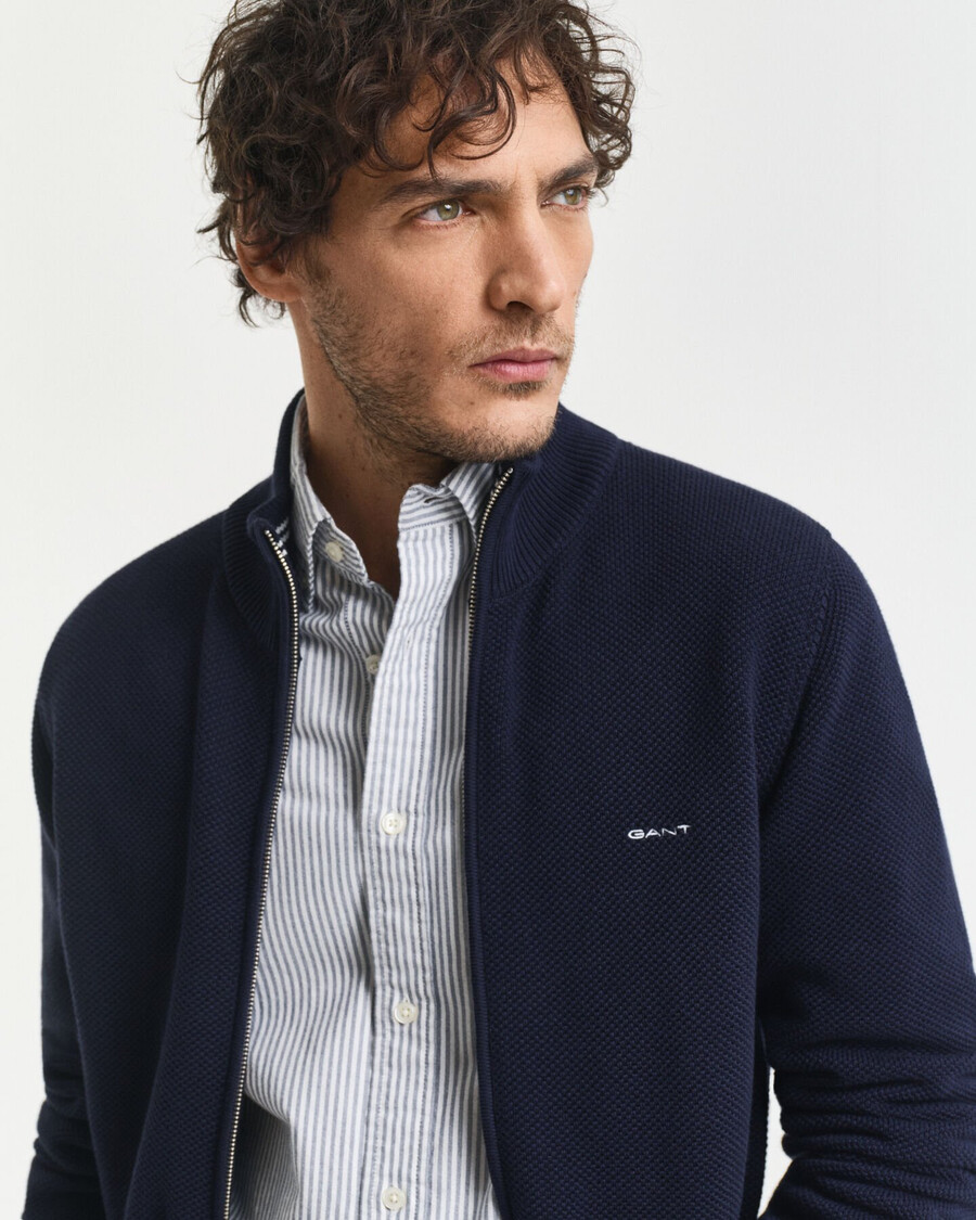 cotton piqué zip cardigan - evening blue