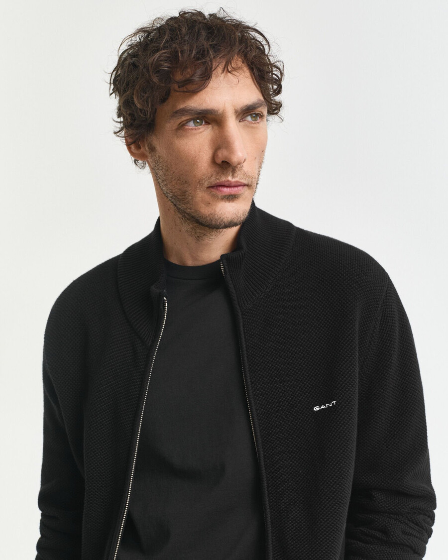 cotton piqué zip cardigan - black