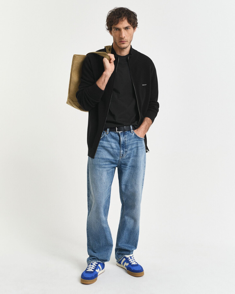 cotton piqué zip cardigan - black