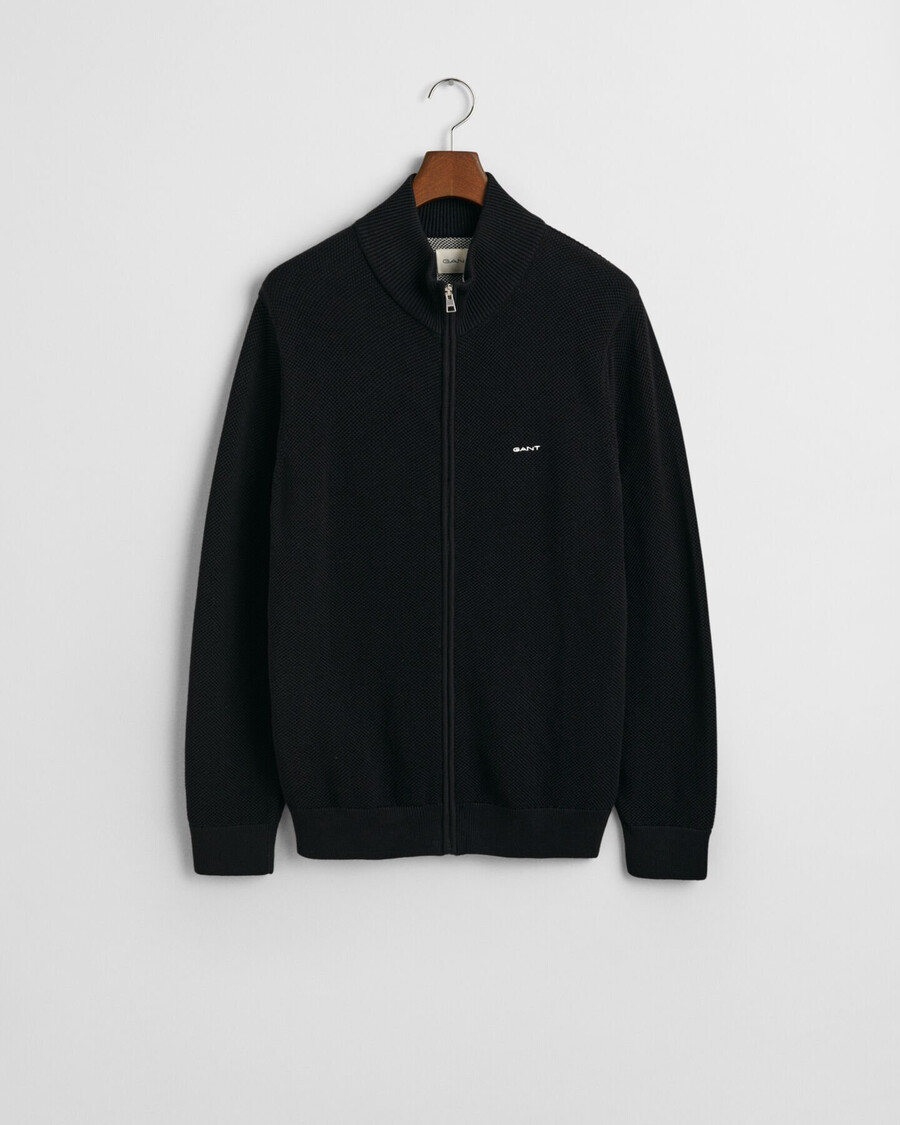 cotton piqué zip cardigan - black