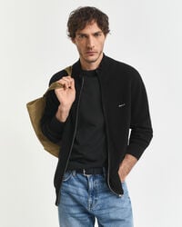 cotton piqué zip cardigan - black