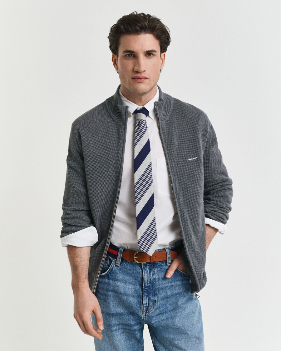 cotton piqué zip cardigan - dark grey melange