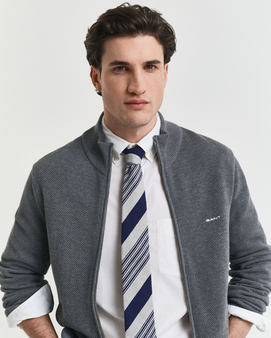 cotton piqué zip cardigan - dark grey melange