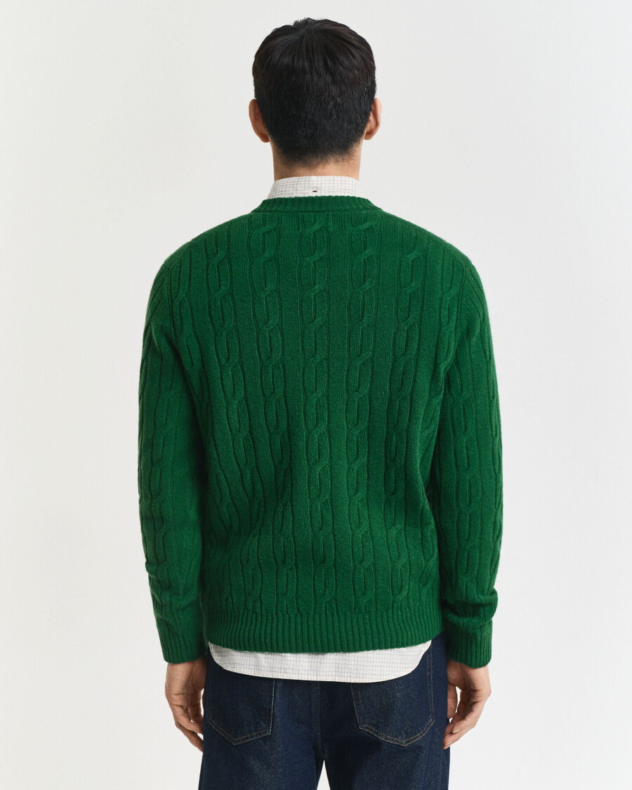 lambswool cable knit crew neck sweater - forest green