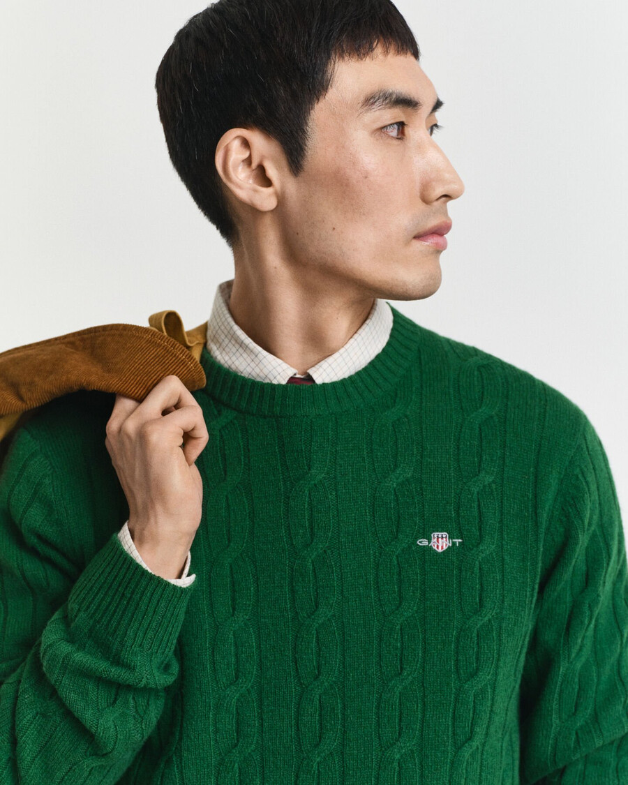 lambswool cable knit crew neck sweater - forest green