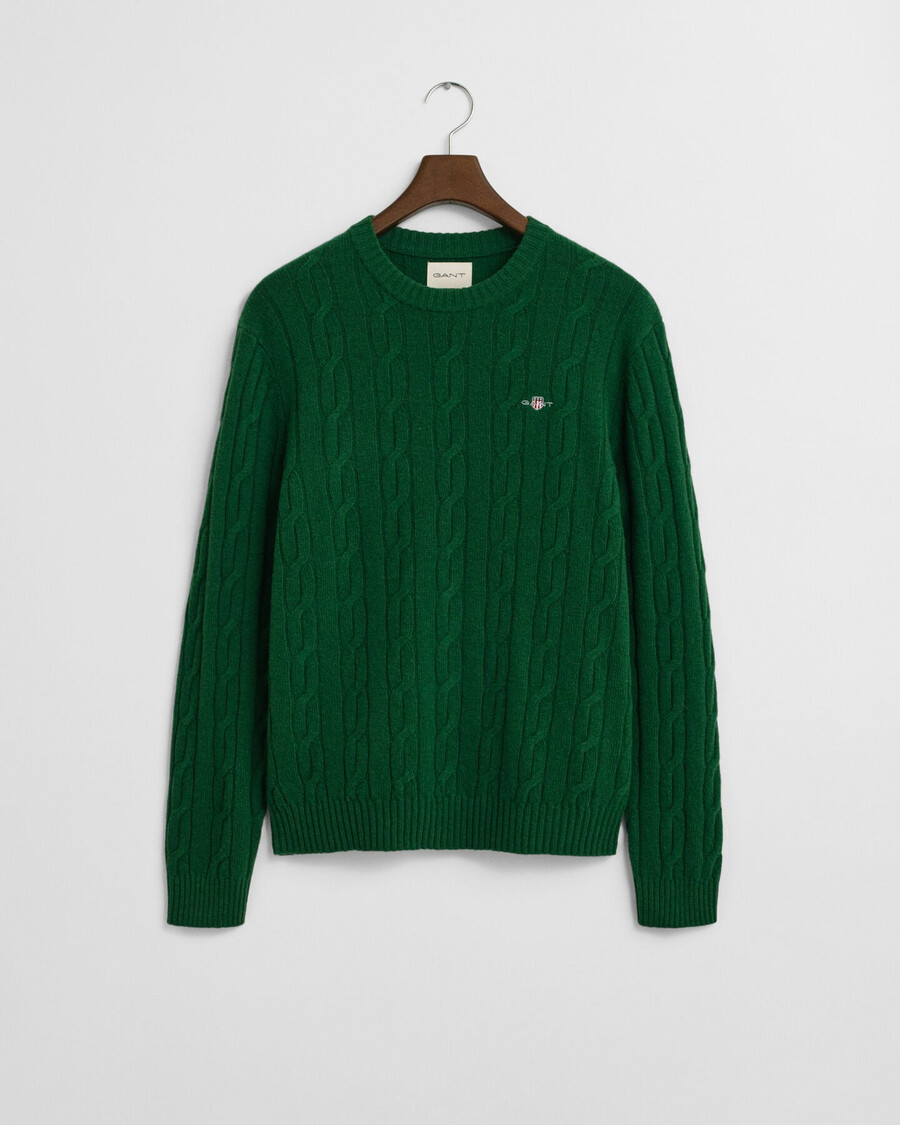lambswool cable knit crew neck sweater - forest green