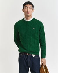 lambswool cable knit crew neck sweater - forest green