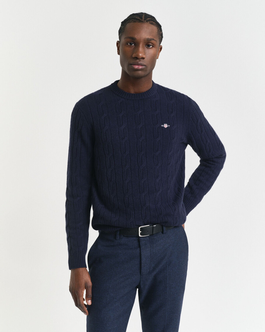 lambswool cable knit crew neck sweater - evening blue