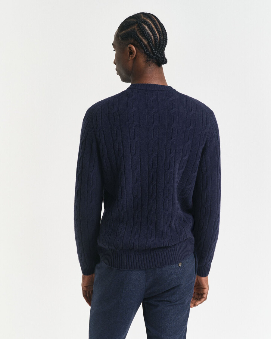 lambswool cable knit crew neck sweater - evening blue