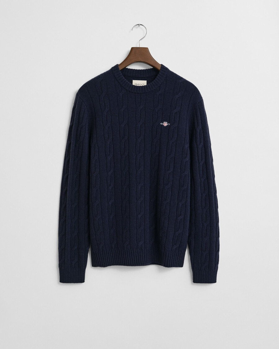 lambswool cable knit crew neck sweater - evening blue