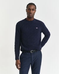 lambswool cable knit crew neck sweater - evening blue
