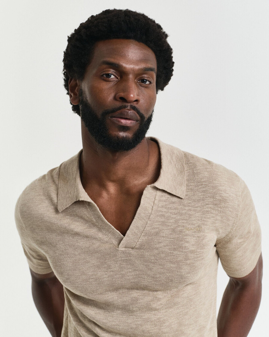 linen blend short sleeve polo sweater - dry sand